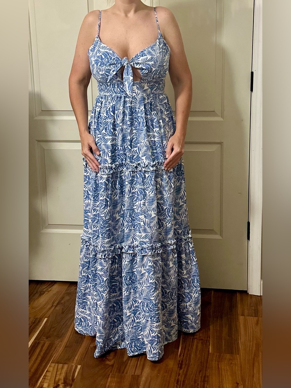 ambition Blue and White Leaf-Print Tiered Maxi Skirt